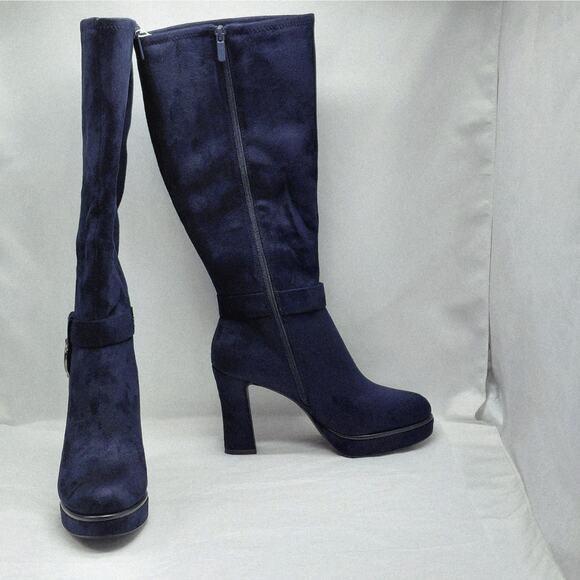 Impo Womens High Heel Boots Size 8 Blue Knee High Faux Suede Platform Stretch - Picture 2 of 12